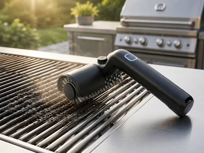 GrillWizz bristle free BBQ cleaning tool scrubbing a stainless steel grill outdoors